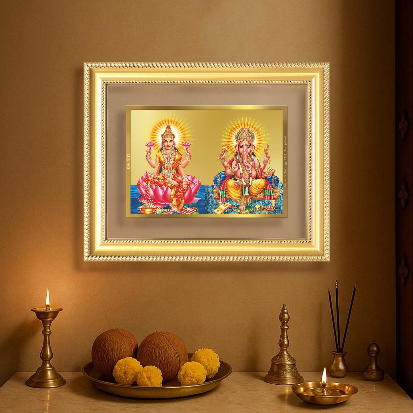 Diviniti 24K Gold Plated Lakshmi Ganesha (Classic) Divine Wall Frame for Home Mandir & Office Decor | Luxury Spiritual Gift