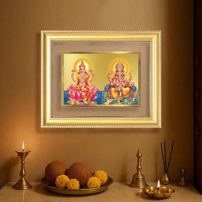 Diviniti 24K Gold Plated Lakshmi Ganesha (Classic) Divine Wall Frame for Home Mandir & Office Decor | Luxury Spiritual Gift