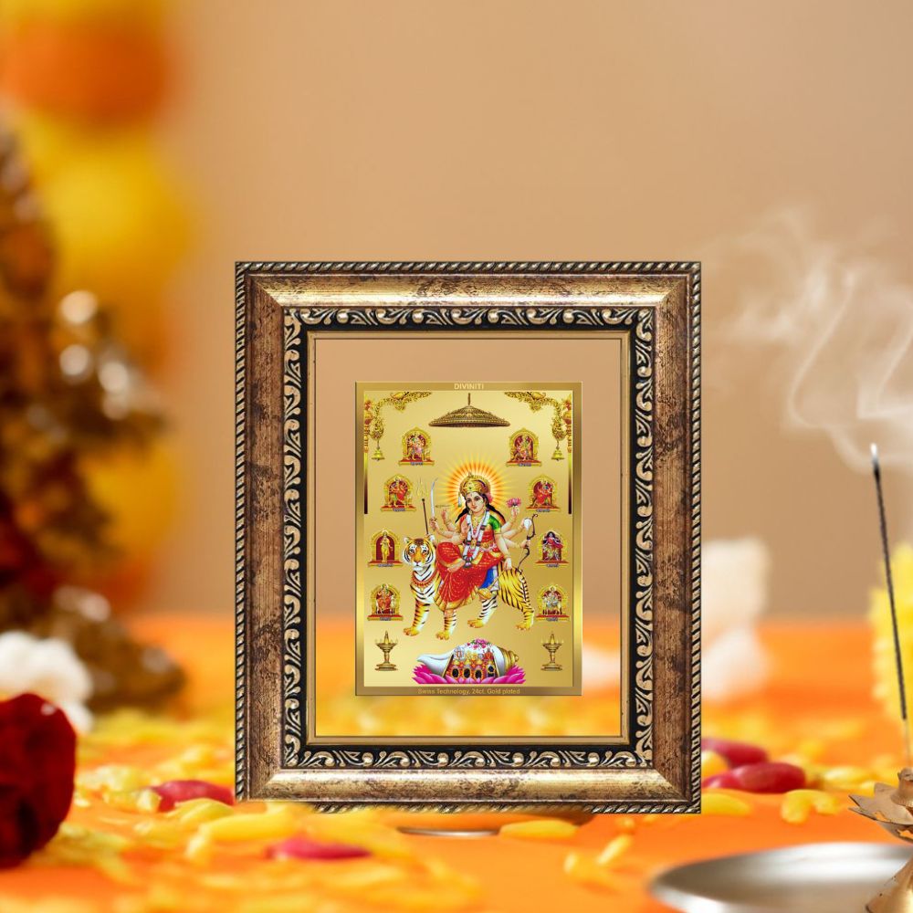Diviniti 24K Gold Plated Nav Durga Divine Table Top Frame for Home Mandir & Office Decor | Luxury Spiritual Gift