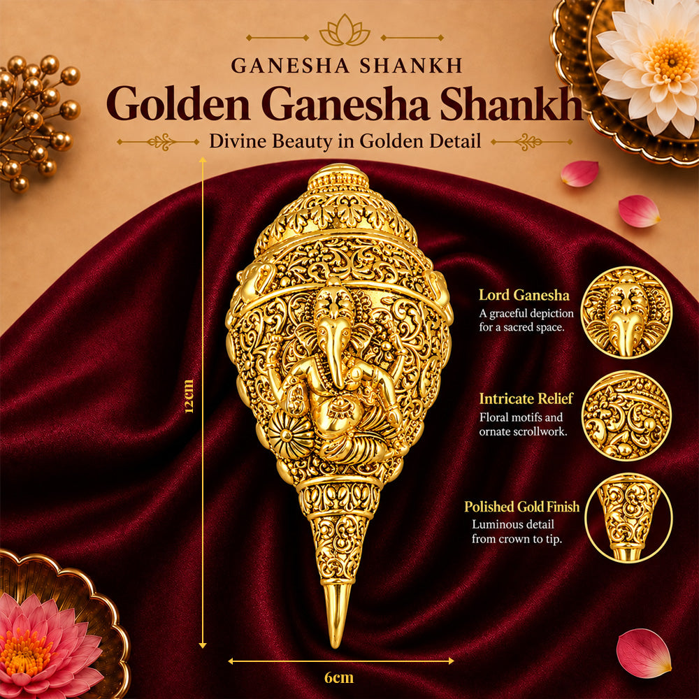 24K Gold-Plated Ganesha Shankh | Premium Gift Box | 12x6 CM