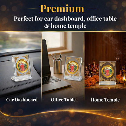 Baba Lokenath Diviniti Premium Gold on Gold frame showcased on car dashboard, office table, and home table.