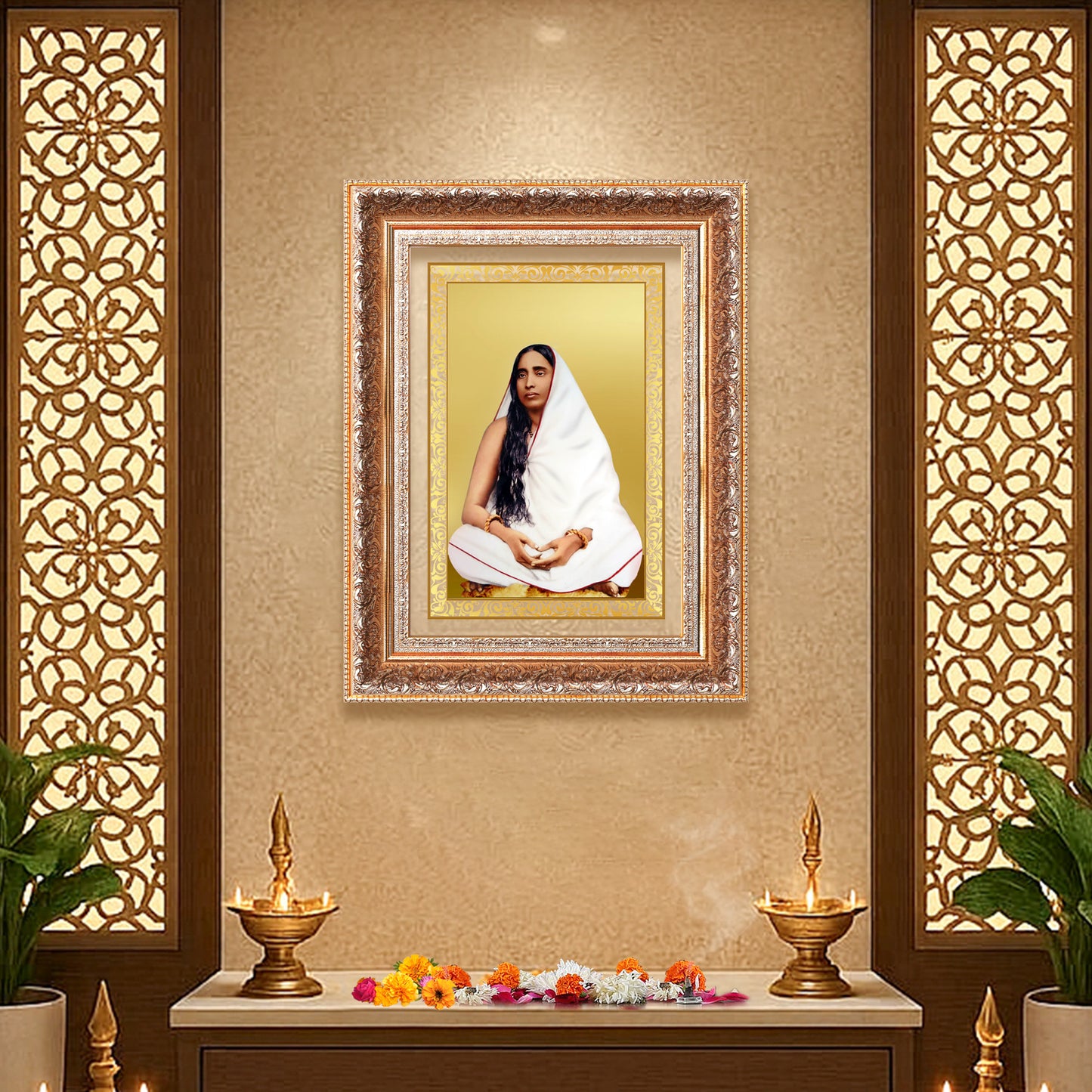 Holy Mother Sarada Devi | Divine Consort of Sri Ramakrishna Wall Photo Frame in 24K Gold Plated Foil