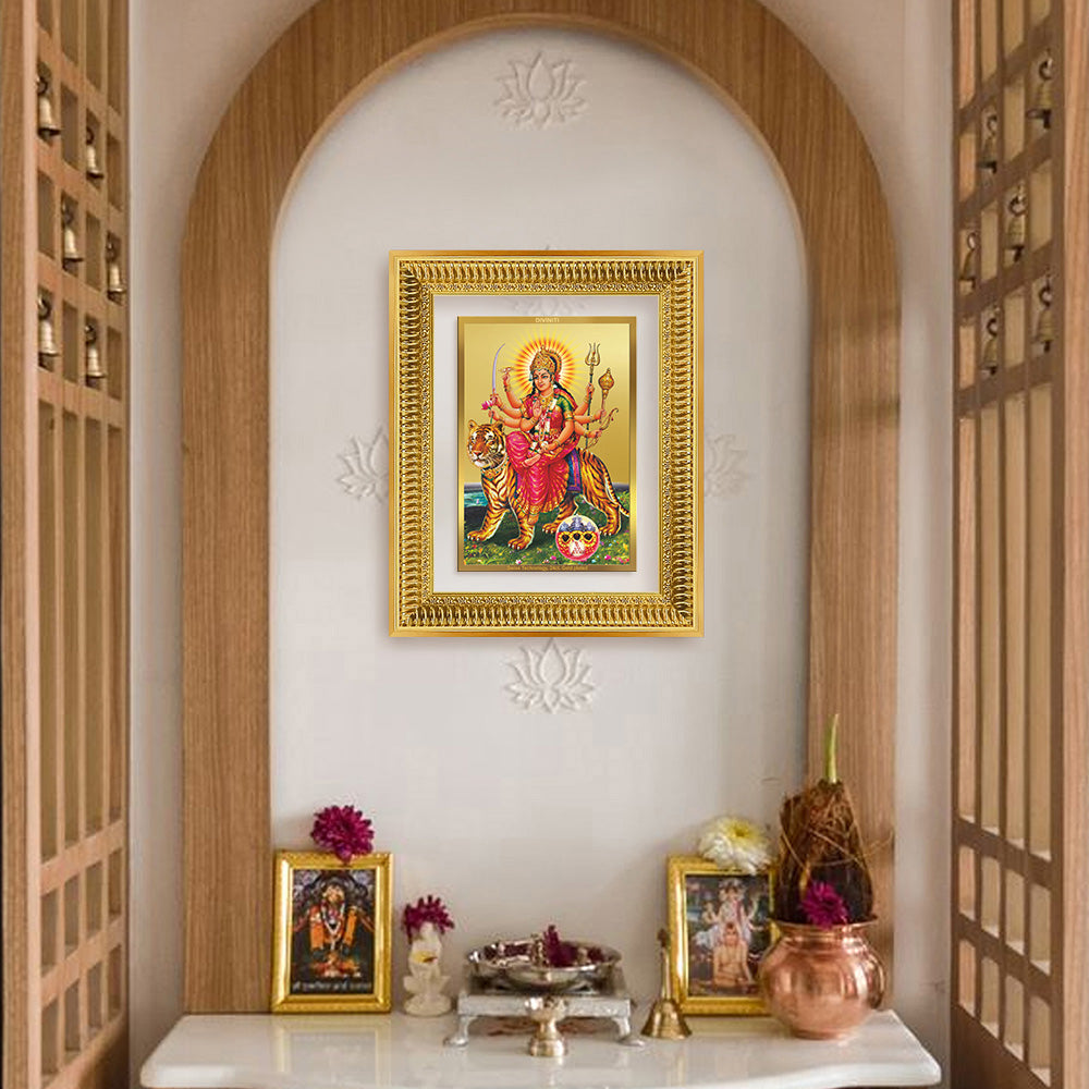 Diviniti 24K Gold Plated Durga - Sherawali Mata With Pind (Classic) Divine Wall Frame for Home Mandir & Office Decor | Luxury Spiritual Gift
