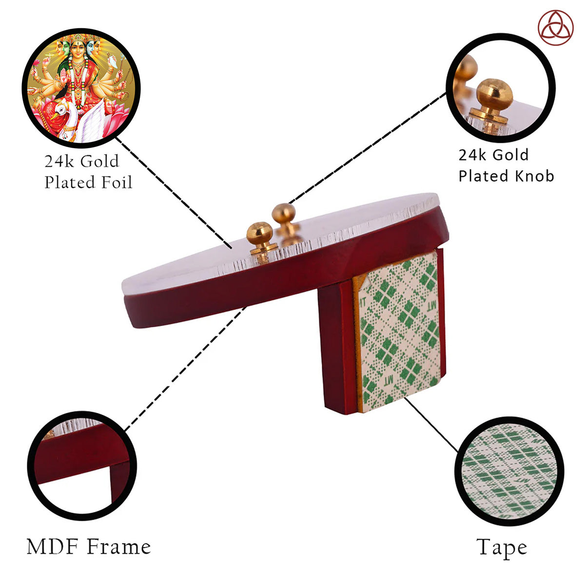 Gayatri Mata Car Dashboard & Tabletop Photo Frame showcasing 24K gold plated foil and intricate MDF design.
