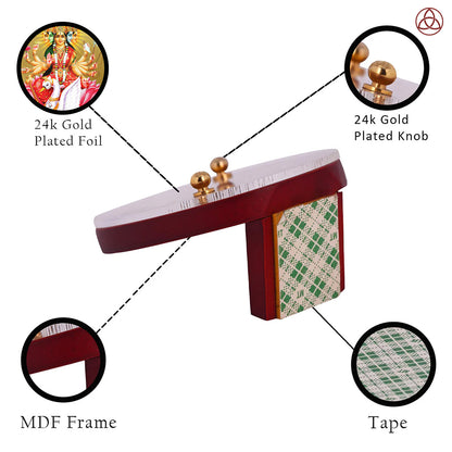 Gayatri Mata Car Dashboard & Tabletop Photo Frame showcasing 24K gold plated foil and intricate MDF design.
