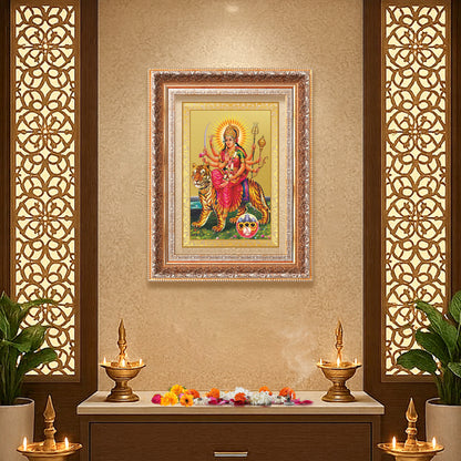 Durga Sherawali Mata with Pind | Divine Wall Mount Photo Frame in 24K Gold Plated Foil
