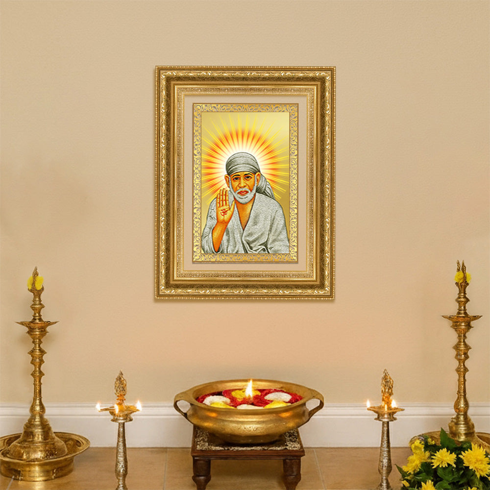 Diviniti 24K Gold Plated Sai Baba With Blessings (Classic) Divine Wall Frame for Home Mandir & Office Decor | Luxury Spiritual Gift