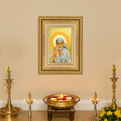 Diviniti 24K Gold Plated Sai Baba With Blessings (Classic) Divine Wall Frame for Home Mandir & Office Decor | Luxury Spiritual Gift