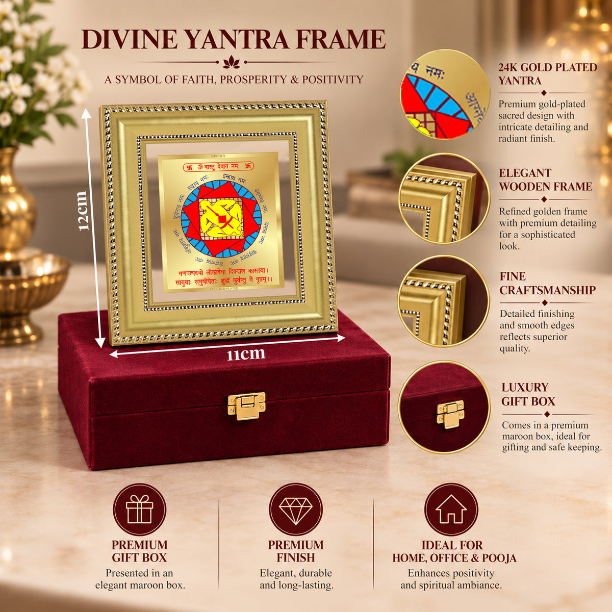 24K Gold-Plated Vastu Dosh Nivaran Yantra Frame | Premium Gift Box | 12x11 CM