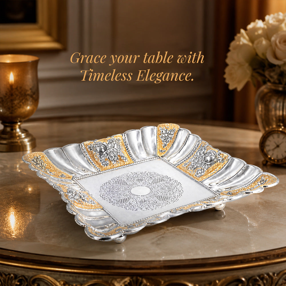 Diviniti Gold Accent German Silver Decorative Platter with Luxury Gift Box on a table with decorative elements.