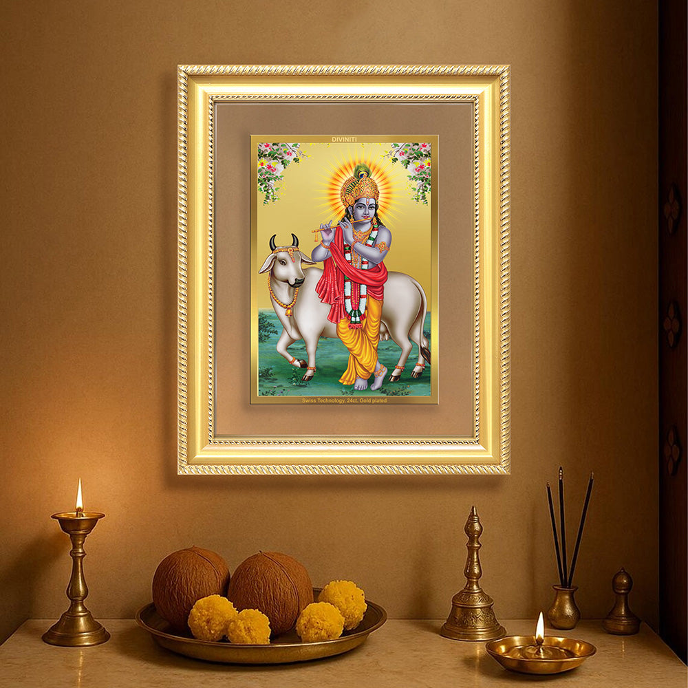 Diviniti 24K Gold Plated Krishna With Surbhi Cow (Classic) Divine Wall Frame for Home Mandir & Office Decor | Luxury Spiritual Gift