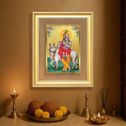 Diviniti 24K Gold Plated Krishna With Surbhi Cow (Classic) Divine Wall Frame for Home Mandir & Office Decor | Luxury Spiritual Gift