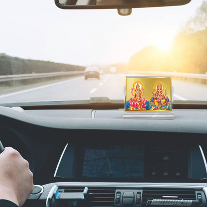 Lakshmi & Ganesha | Divine Goddess Lakshmi and Lord Ganesha Car Dashboard & Tabletop Photo Frame in 24K Gold Plated Foil (ACF3)