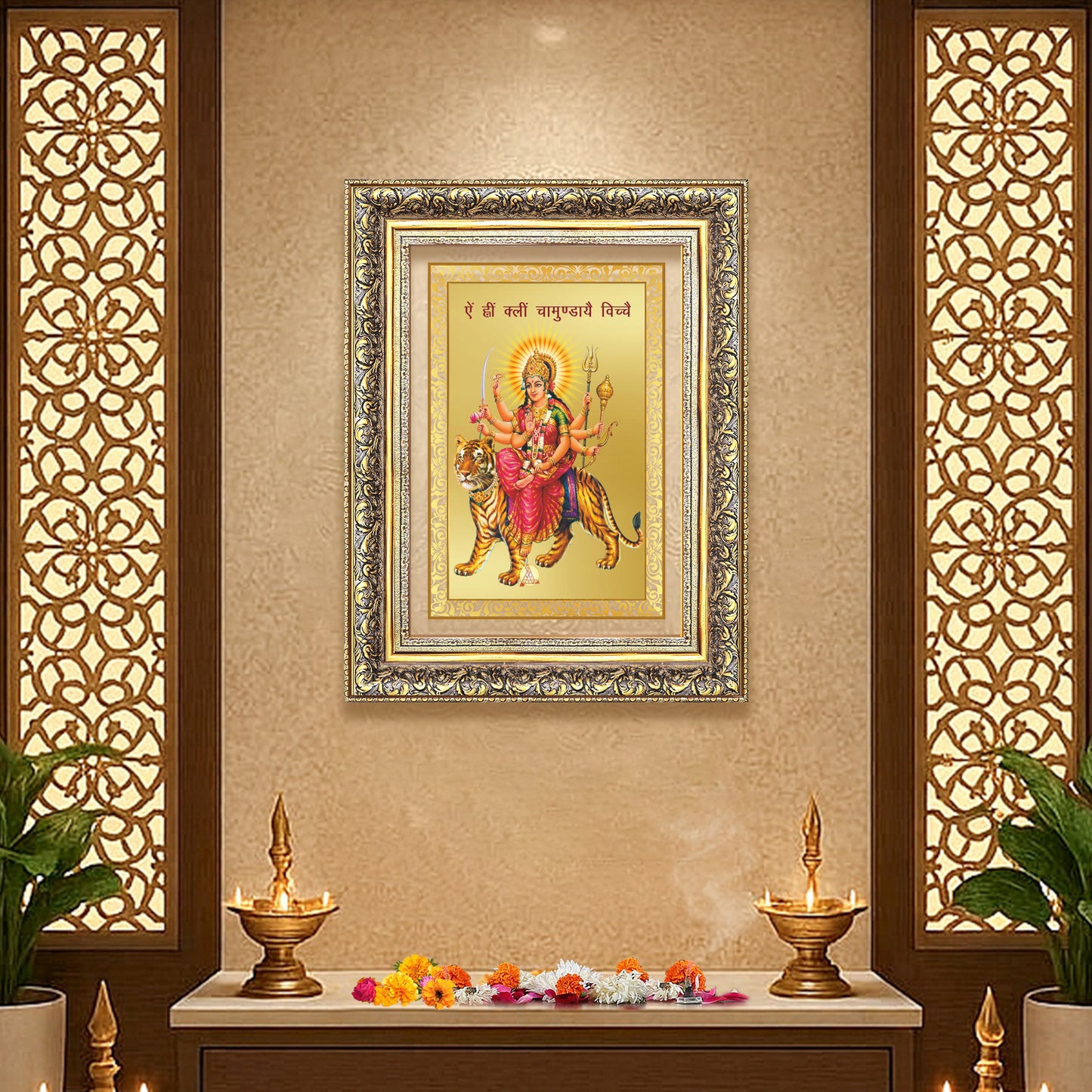 Diviniti 24K Gold Plated Durga With Mantra (Classic) Divine Wall Frame for Home Mandir & Office Decor | Luxury Spiritual Gift