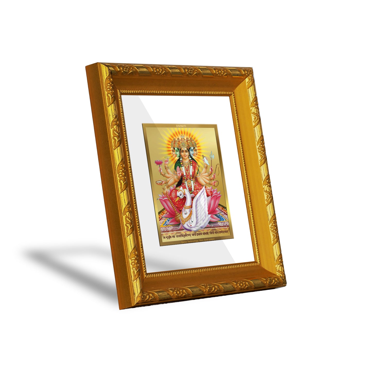 DIVINITI 24K Gold Plated Foil Gayatri Mata Wall Photo Frame For Living Room, Gift, Puja (15.0 X 13.0 CM)