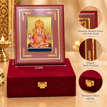 24K Gold-Plated Dagdu Ganesha MDF Frame | Premium Gift Box | 22 x18 CM