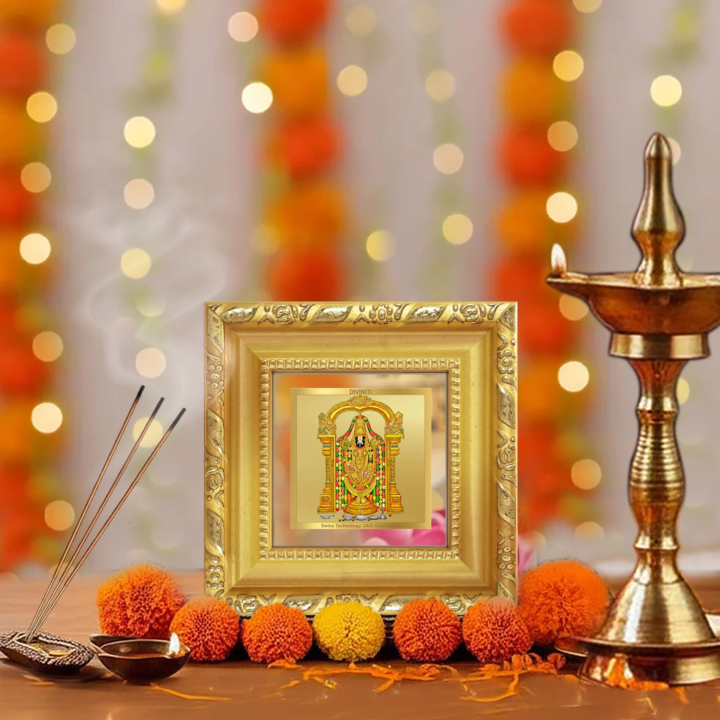 Diviniti Tirupati Balaji Tabletop Photo Frame in 24K Gold Plated Foil | Wealth, Blessings & Divine Protection | DG103S1A (10x10 CM)