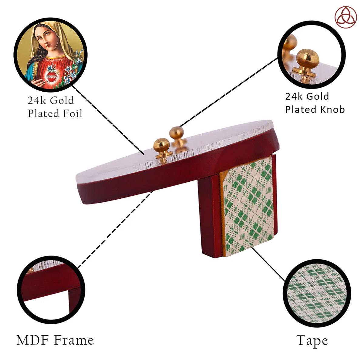 Mother Mary Car Dashboard & Tabletop Photo Frame showcasing 24K gold plated foil and intricate MDF design.