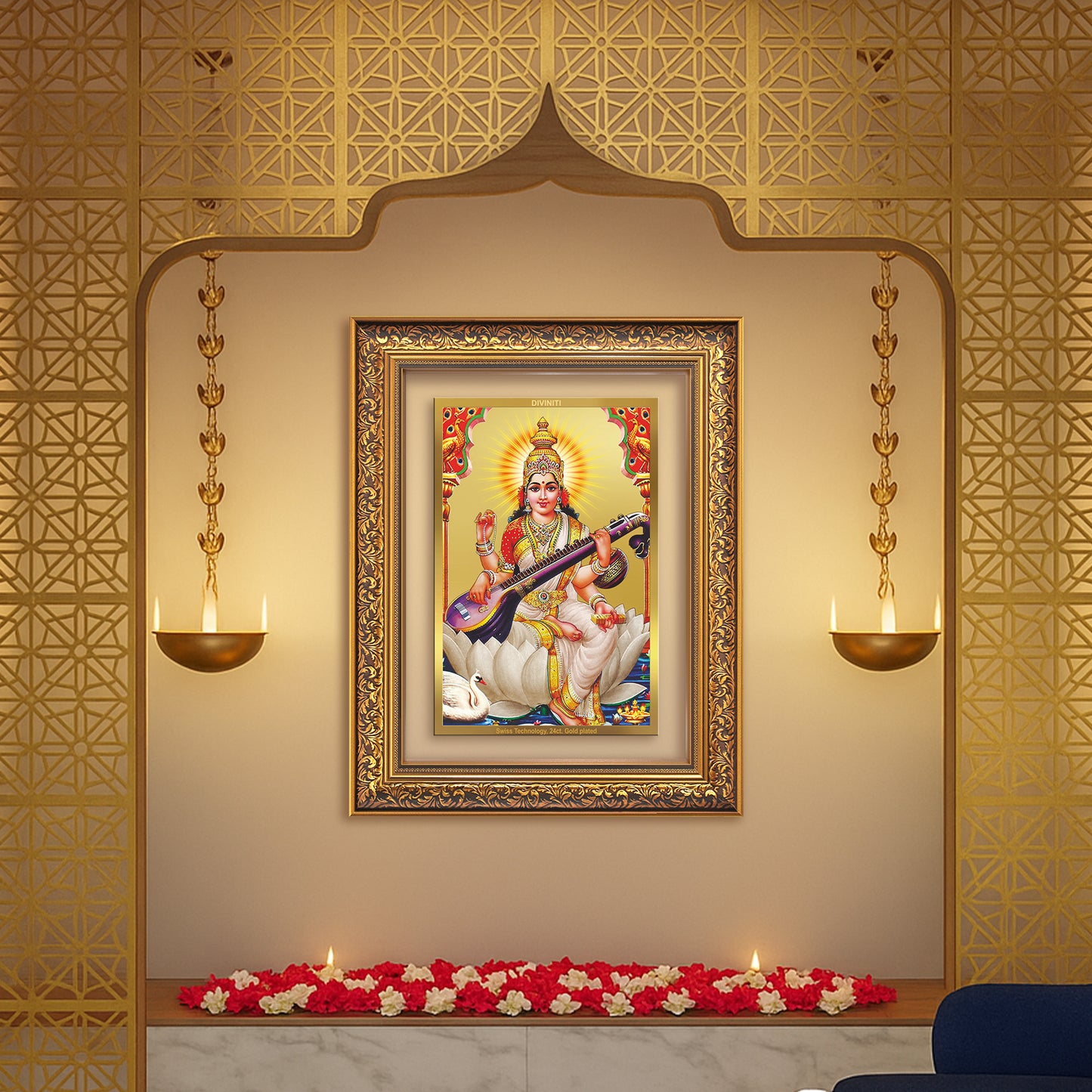 Goddess Saraswati | Divine Mother of Wisdom & Arts Wall Mount Photo Frame in 24K Gold Plated Foil