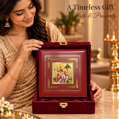 24K Gold-Plated Hanuman with Sanjeevani Mountain MDF Frame | Premium Gift Box | 10x10 CM