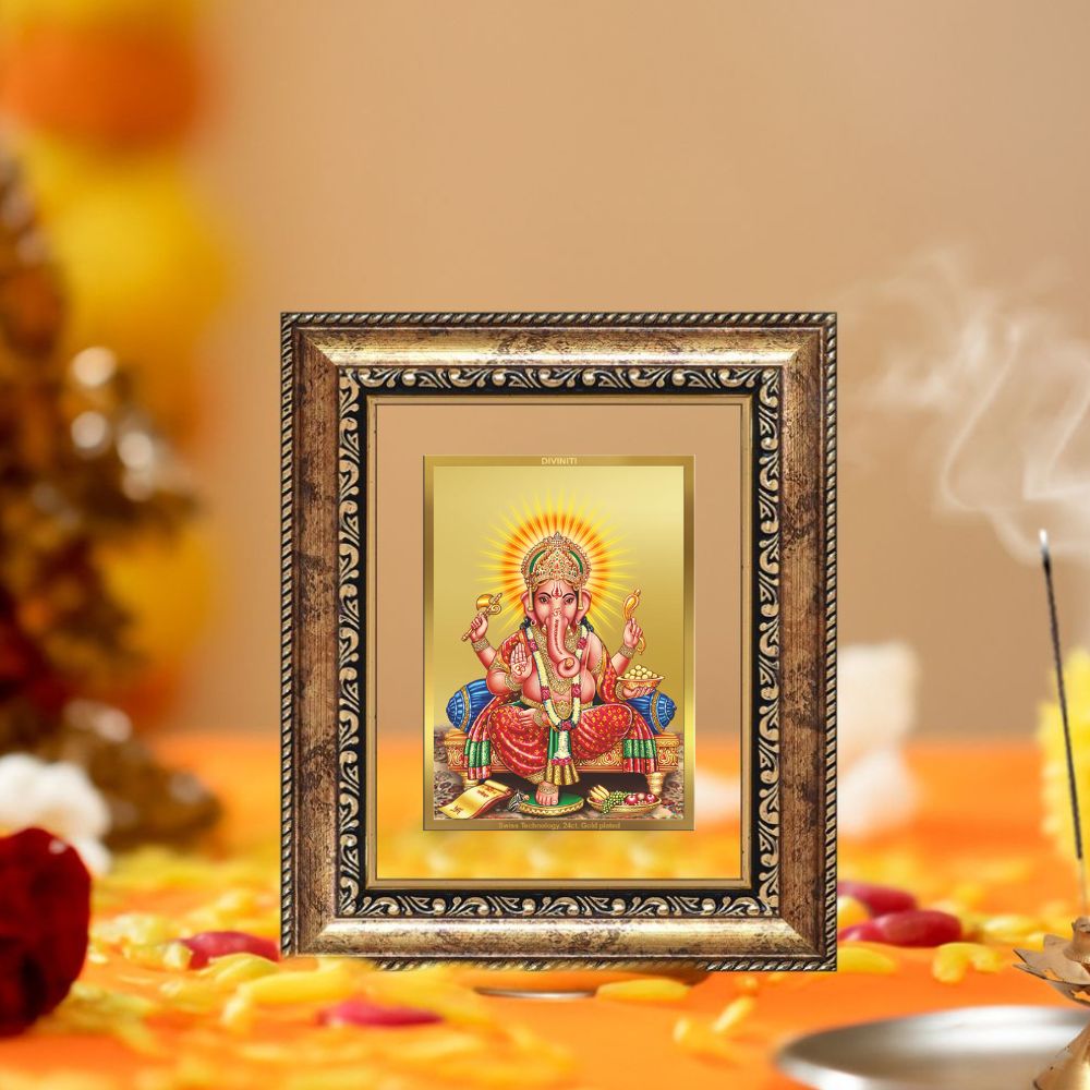 Diviniti 24K Gold Plated Ganesha Divine Table Top Frame for Home Mandir & Office Decor | Luxury Spiritual Gift