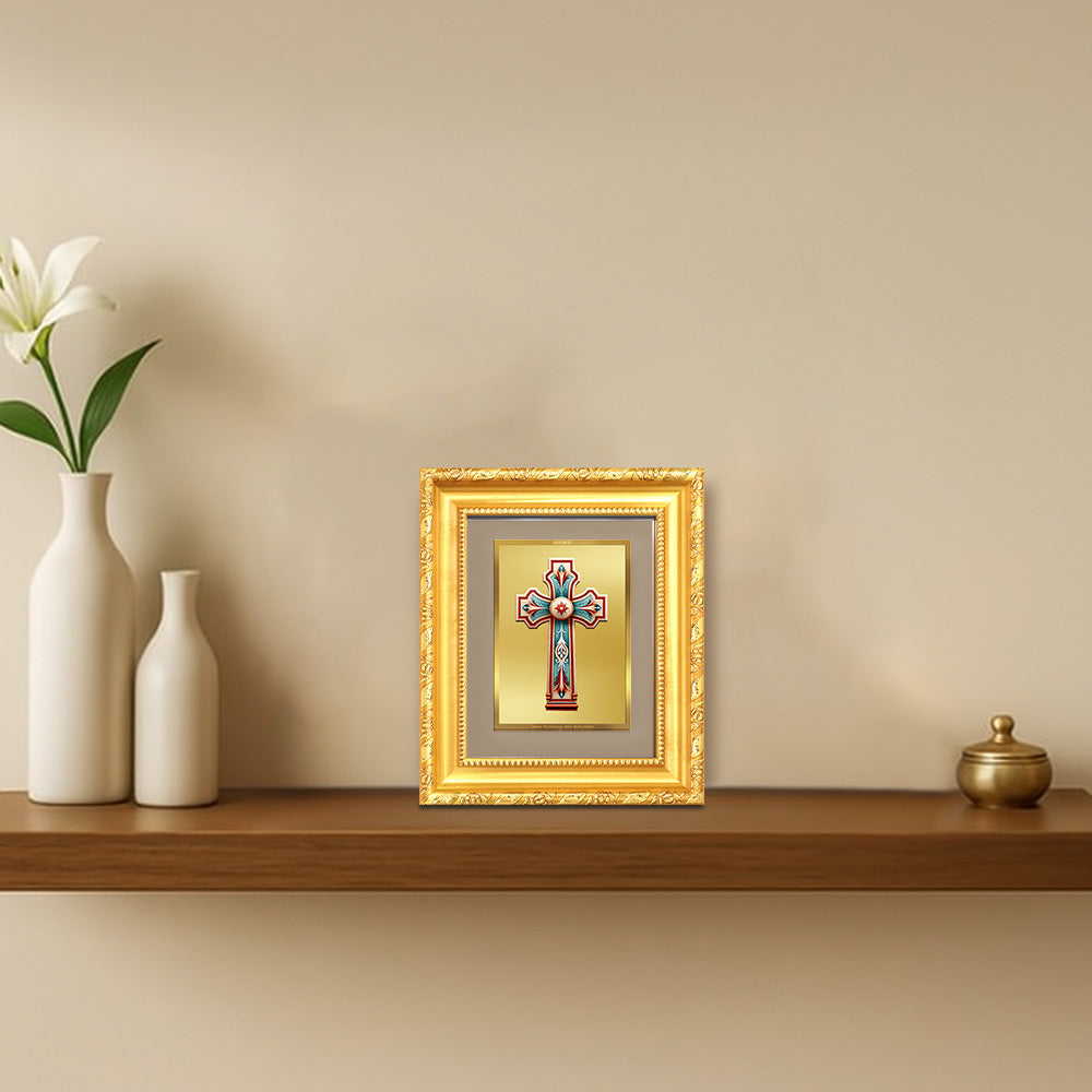 Diviniti 24K Gold Plated Holy Cross |Divine Table Top Frame for Home Mandir & Office Decor | Luxury Spiritual Gift
