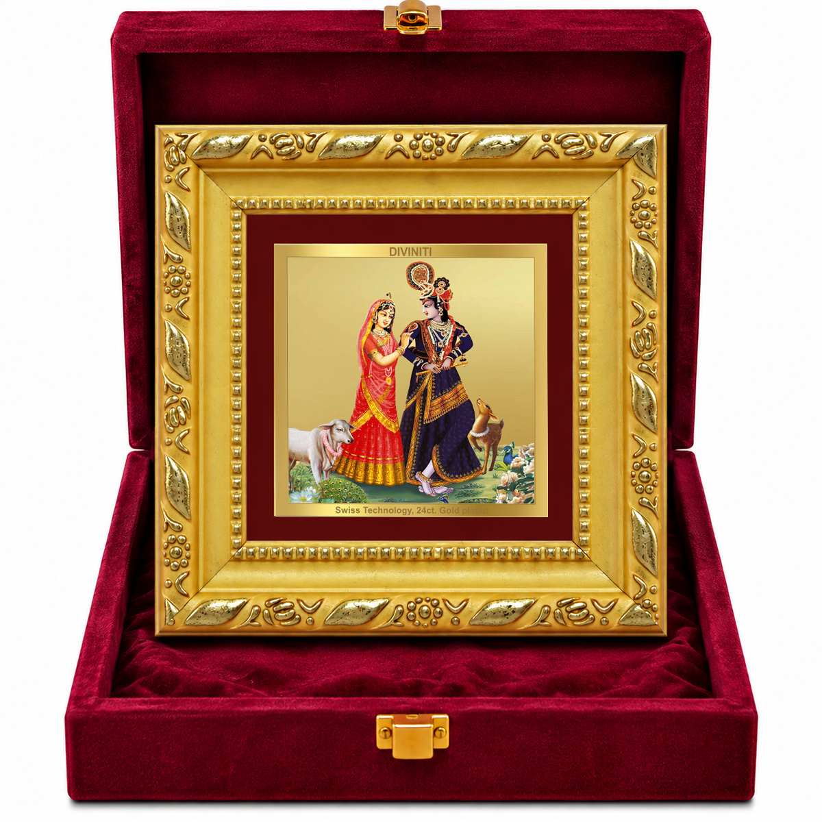 24K Gold-Plated Radha Krishna with Cow Frame | Premium Gift Box | 10x10 CM