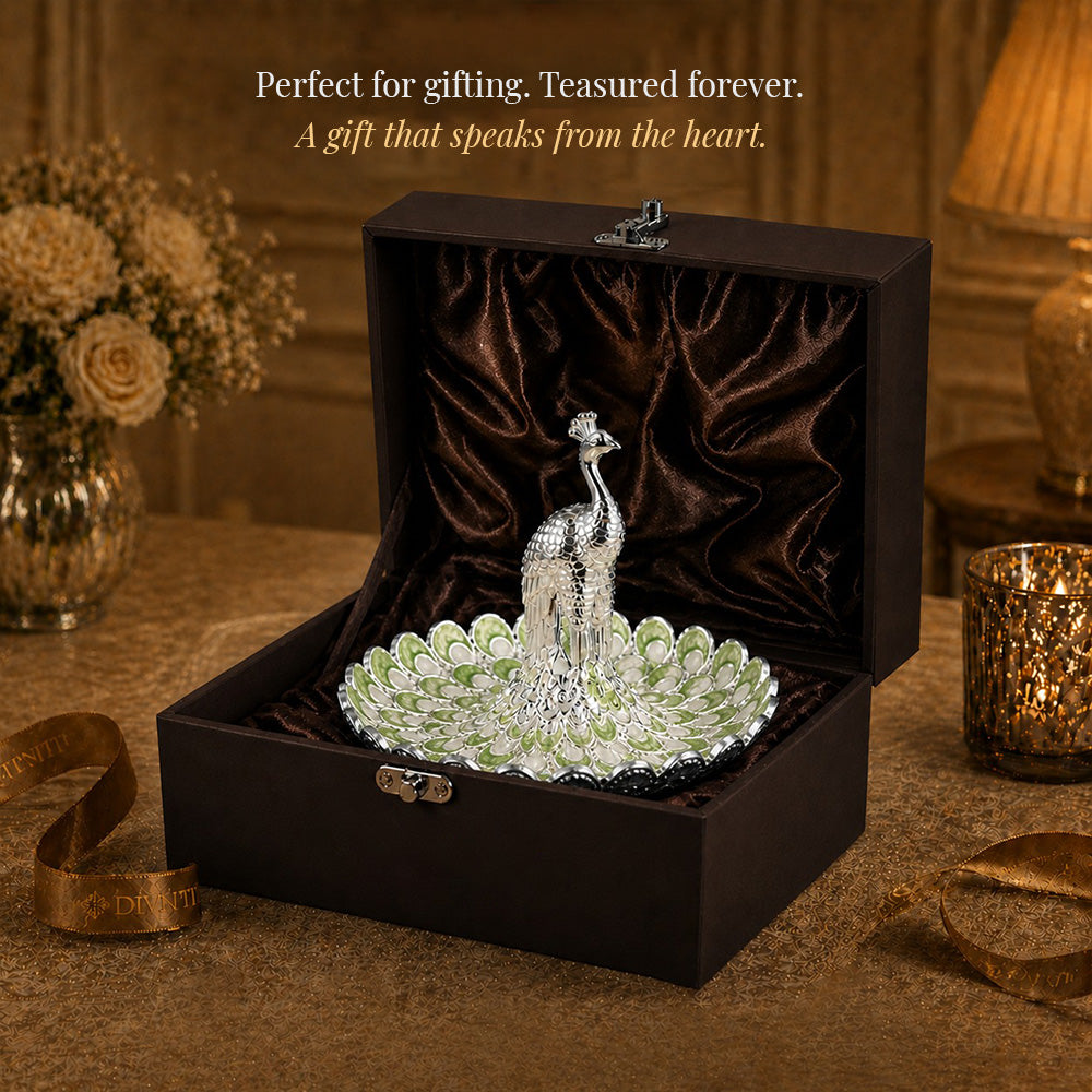 Diviniti Sage Green Peacock German Silver Platter with Gift Box beautifully displayed for gifting.