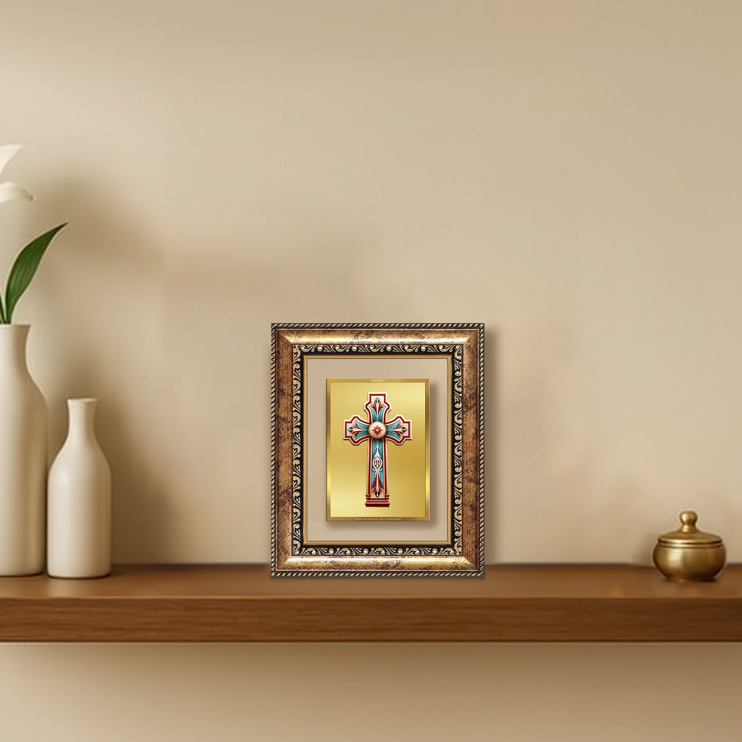 Diviniti 24K Gold Plated Holy Cross Divine Table Top Frame for Home Mandir & Office Decor | Luxury Spiritual Gift