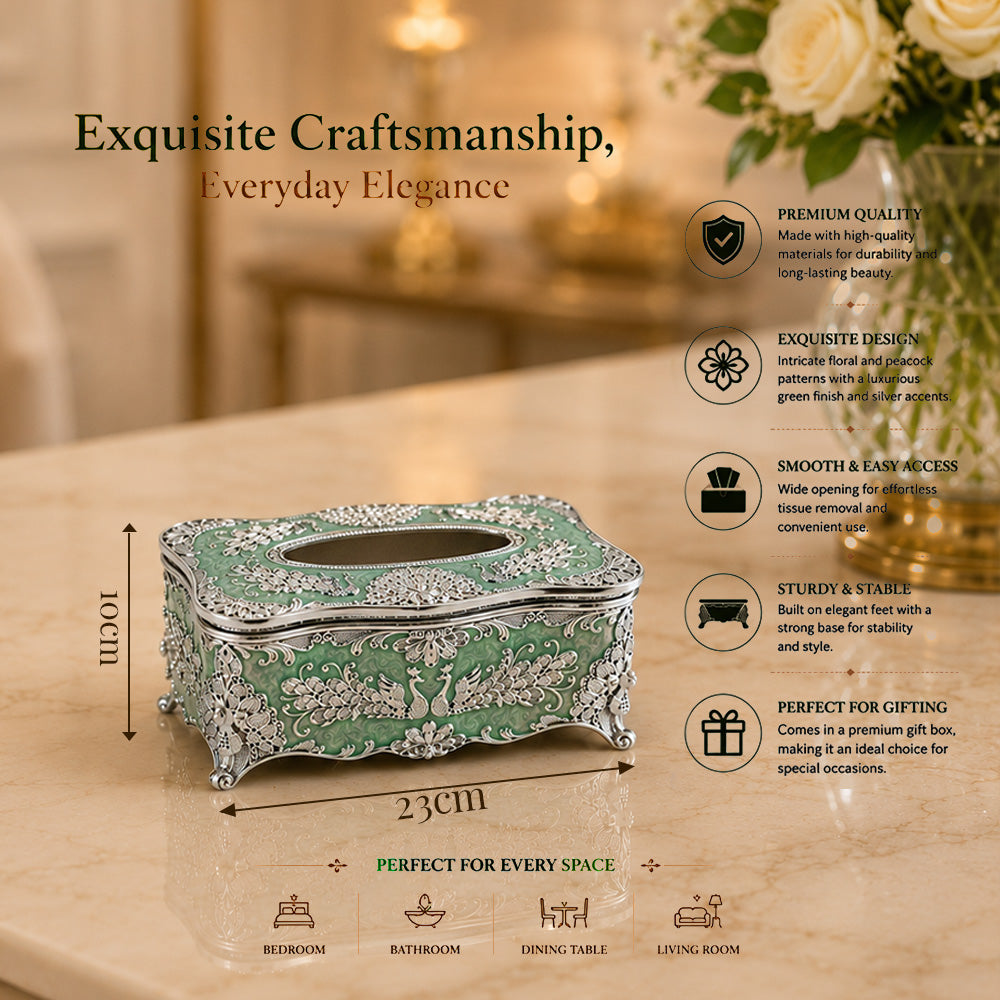 Diviniti Silver-Plated Tissue Holder | Green Enamel Ornate Tissue Box for Luxury Home Décor