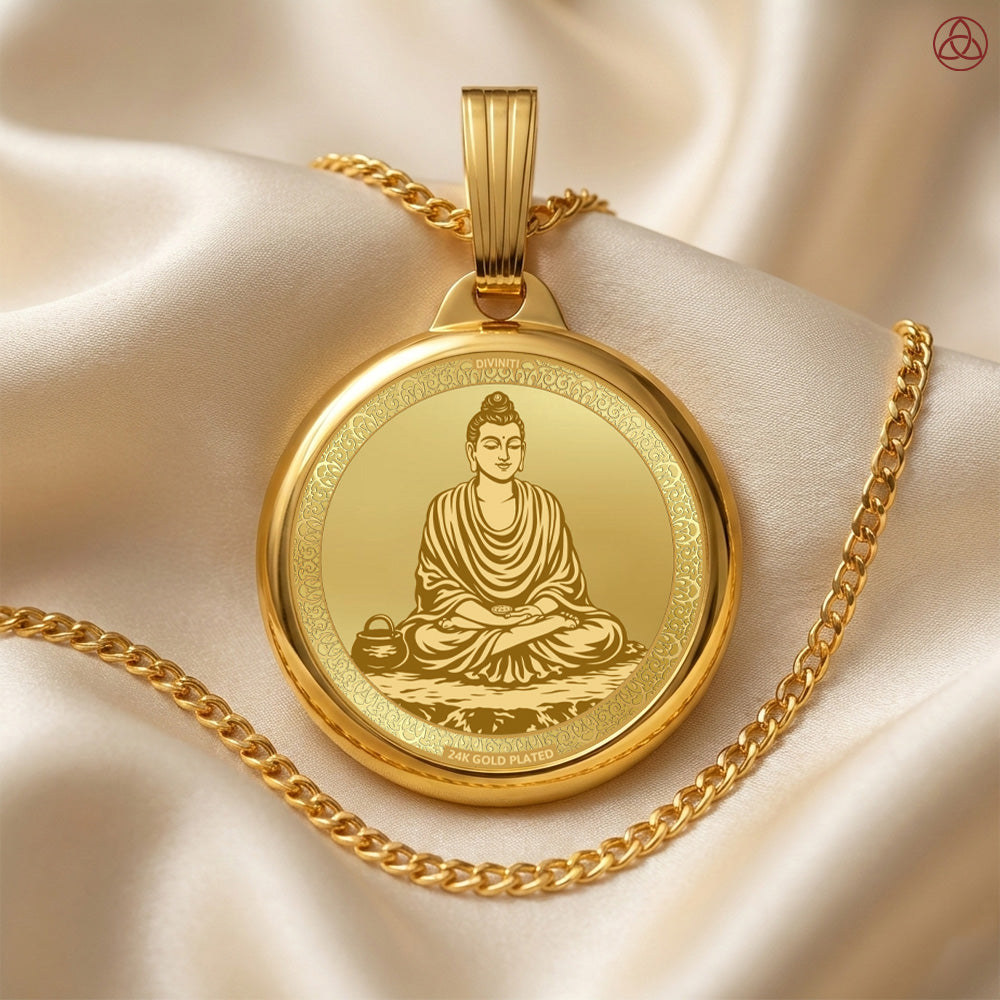 24K Gold Plated Buddha & Sacred Mantra Pendant – 22mm Double-Sided Spiritual Pendant