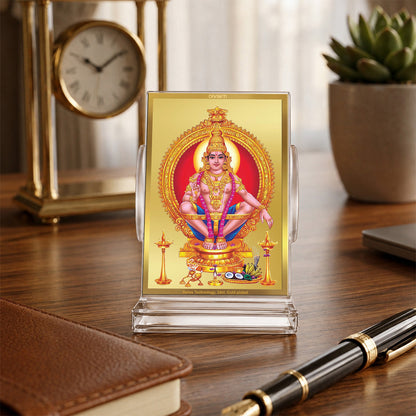 24K Gold-Plated Lord Ayyappan Acrylic Car Dashboard Frame | 11x7 CM