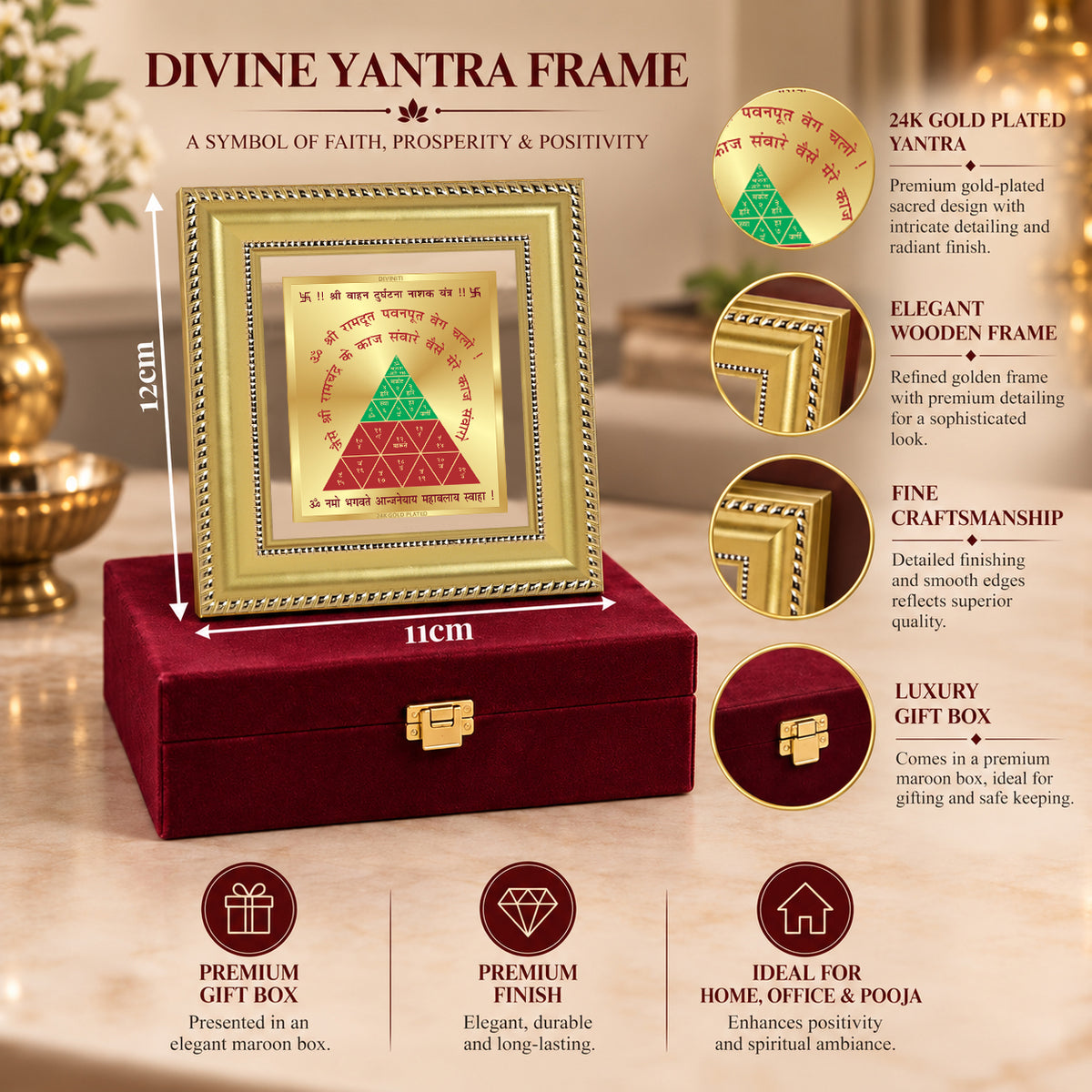 24K Gold-Plated Vahan Durghatna Yantra Frame | Premium Gift Box | 12x11 CM