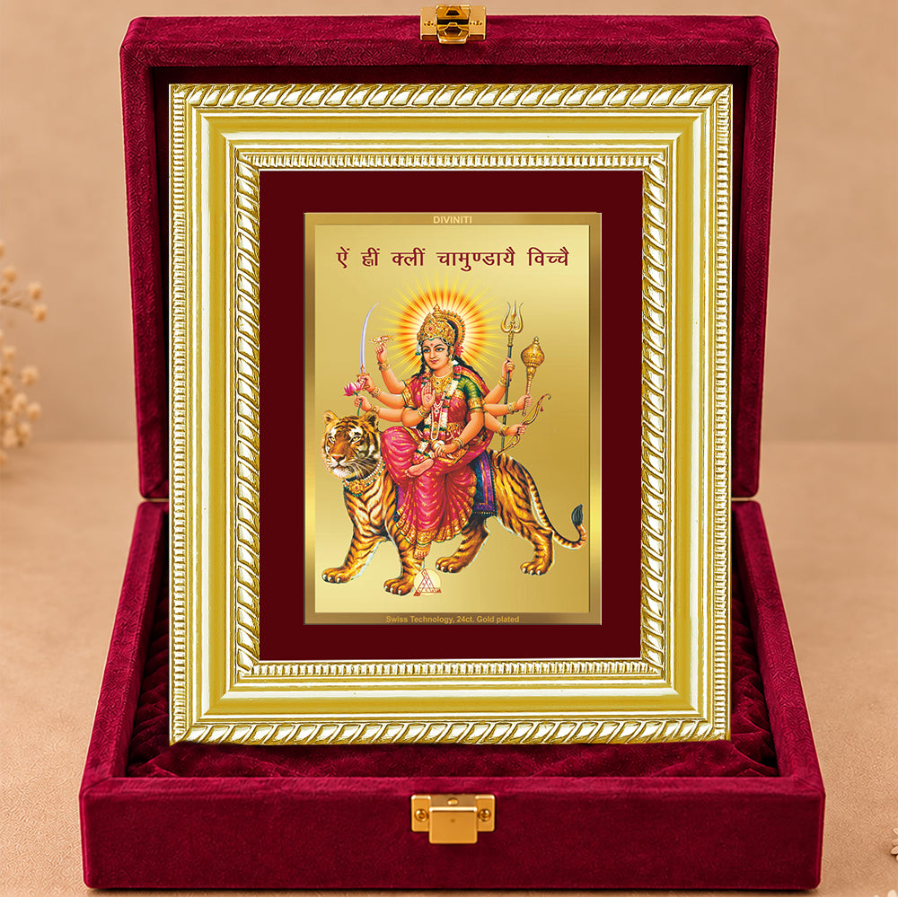 24K Gold-Plated Goddess Durga with Sacred Mantra Frame | Premium Gift Box | 21.5x17.5 CM