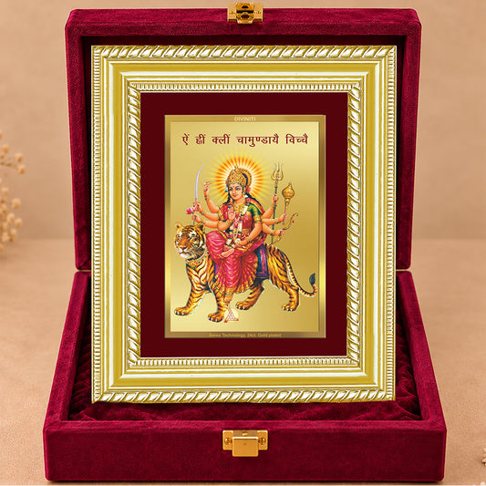 24K Gold-Plated Goddess Durga with Sacred Mantra Frame | Premium Gift Box | 21.5x17.5 CM
