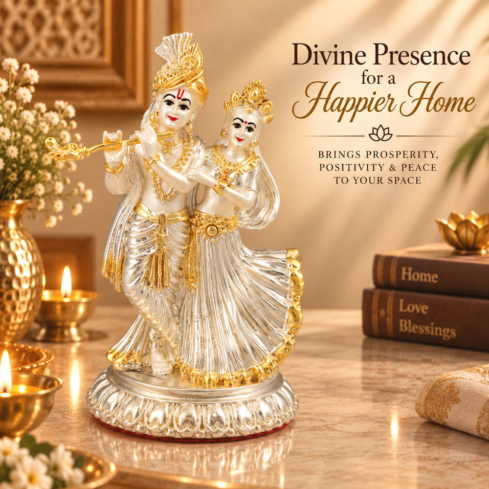 999 Silver-Plated Dual-Tone Radha Krishna Idol | Premium Gift Box | 11.5x8 CM