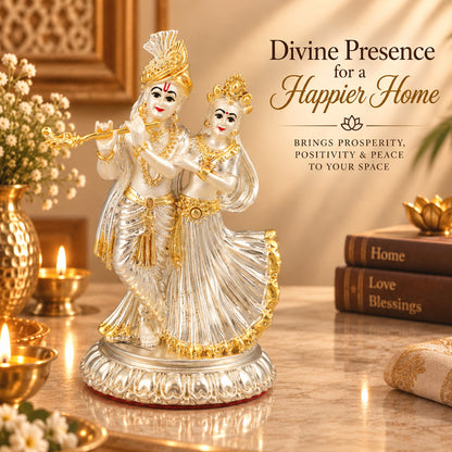 999 Silver-Plated Dual-Tone Radha Krishna Idol | Premium Gift Box | 11.5x8 CM