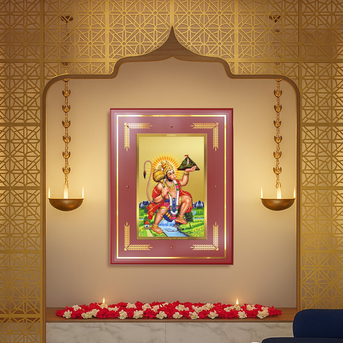 Hanuman Carrying Sanjeevani Mountain | Lord Hanuman Wall Mount Photo Frame in 24K Gold Plated Foil