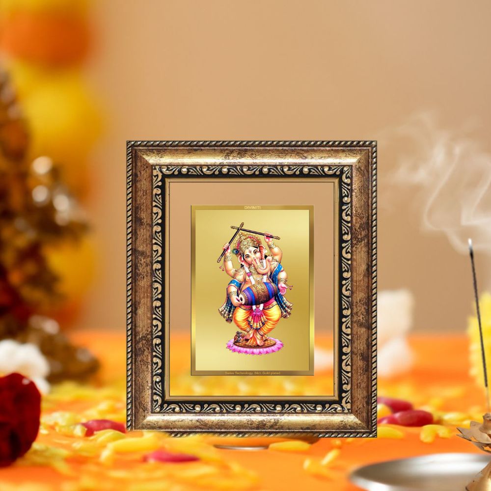 Diviniti 24K Gold Plated Dancing Ganesha Divine Table Top Frame for Home Mandir & Office Decor | Luxury Spiritual Gift