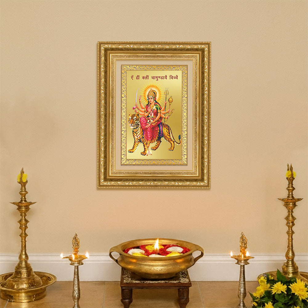Diviniti 24K Gold Plated Durga With Mantra (Classic) Divine Wall Frame for Home Mandir & Office Decor | Luxury Spiritual Gift