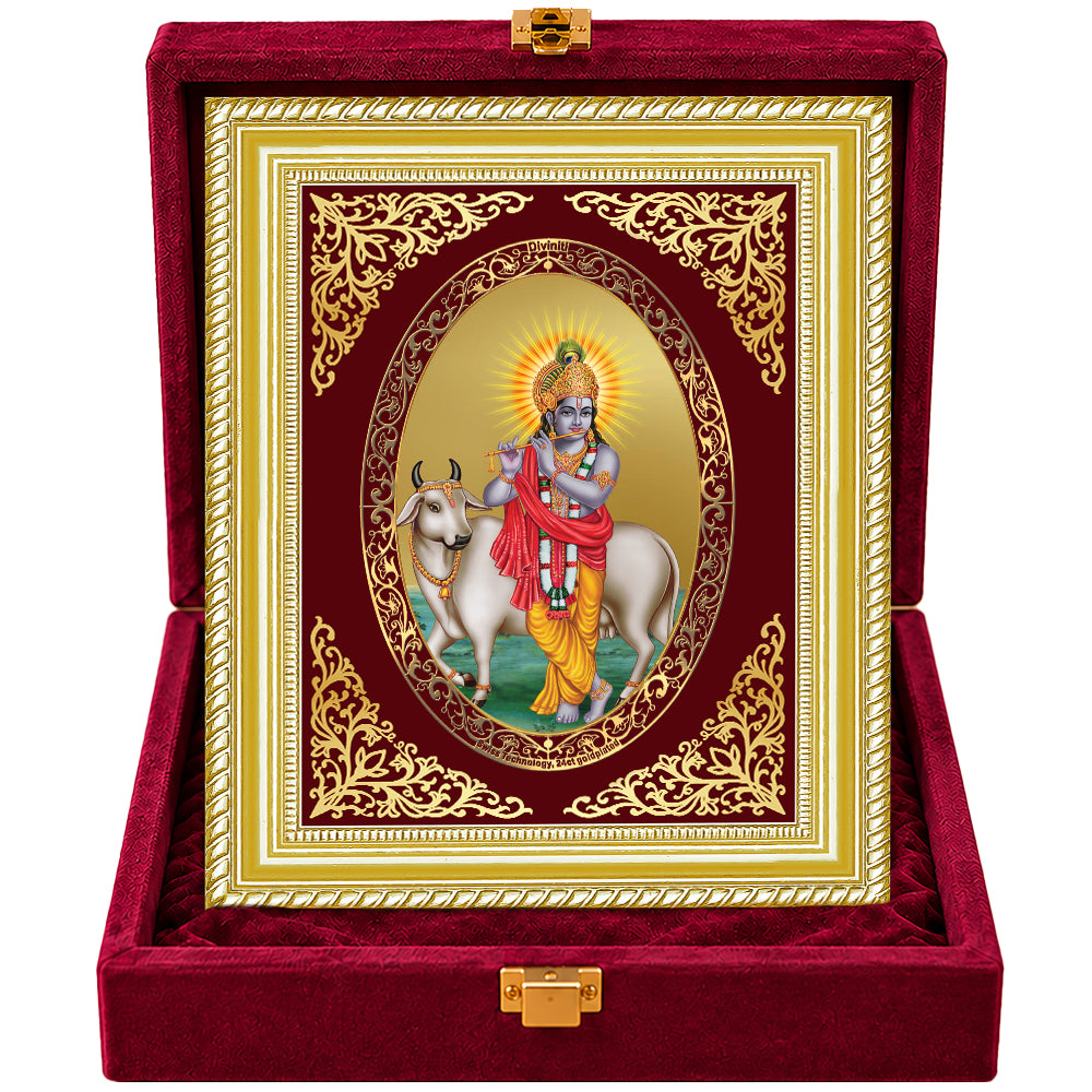 24K Gold-Plated Krishna with Surbhi Cow Frame | Premium Gift Box | 26x20 CM