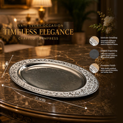 Diviniti Silver-Plated Oval Decorative Tray with White Enamel Accents | Luxury Serving Platter for Dry Fruits, Sweets & Premium Gifting