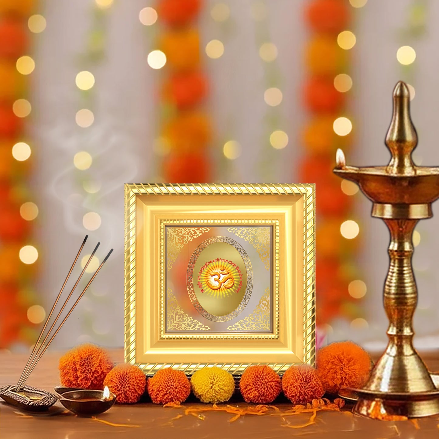 Om with Gayatri Mantra | Sacred Spiritual Royal Tabletop Photo Frame in 24K Gold Plated Foil