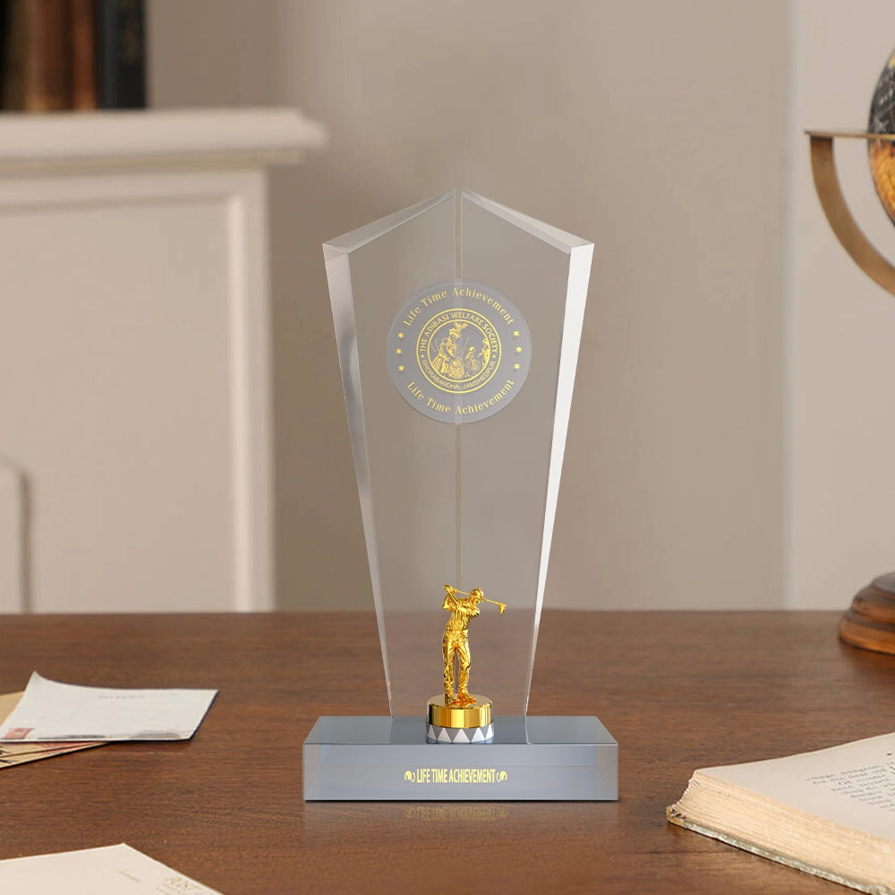 Diviniti Crystal Golf Trophy with 24K Gold Plated Golfer Small Statue | Premium Golf Award | Elegant Sports Trophy