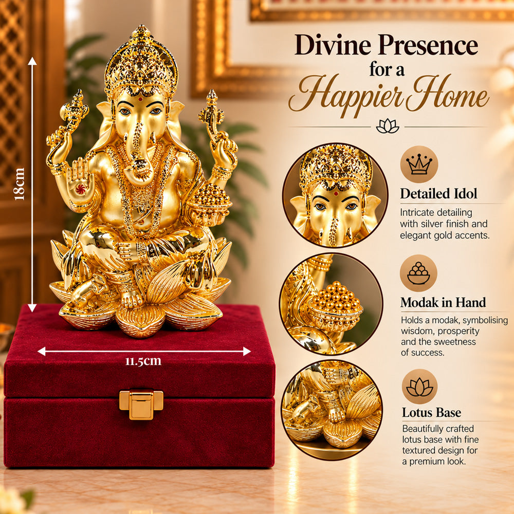 24K Gold-Plated Lord Ganesha Idol | Premium Gift Box | 18x11.5 CM