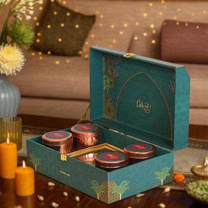Diwali Gift Hamper | Four Premium Containers Type Jar with Ganesha 24K Gold Plated Foil Photo Frame in Designer Box