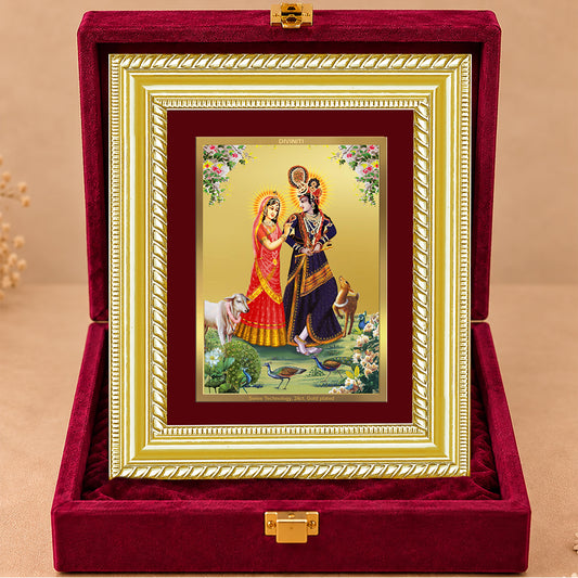 24K Gold-Plated Radha Krishna with Cow Frame | Premium Gift Box | 21.5x17.5 CM