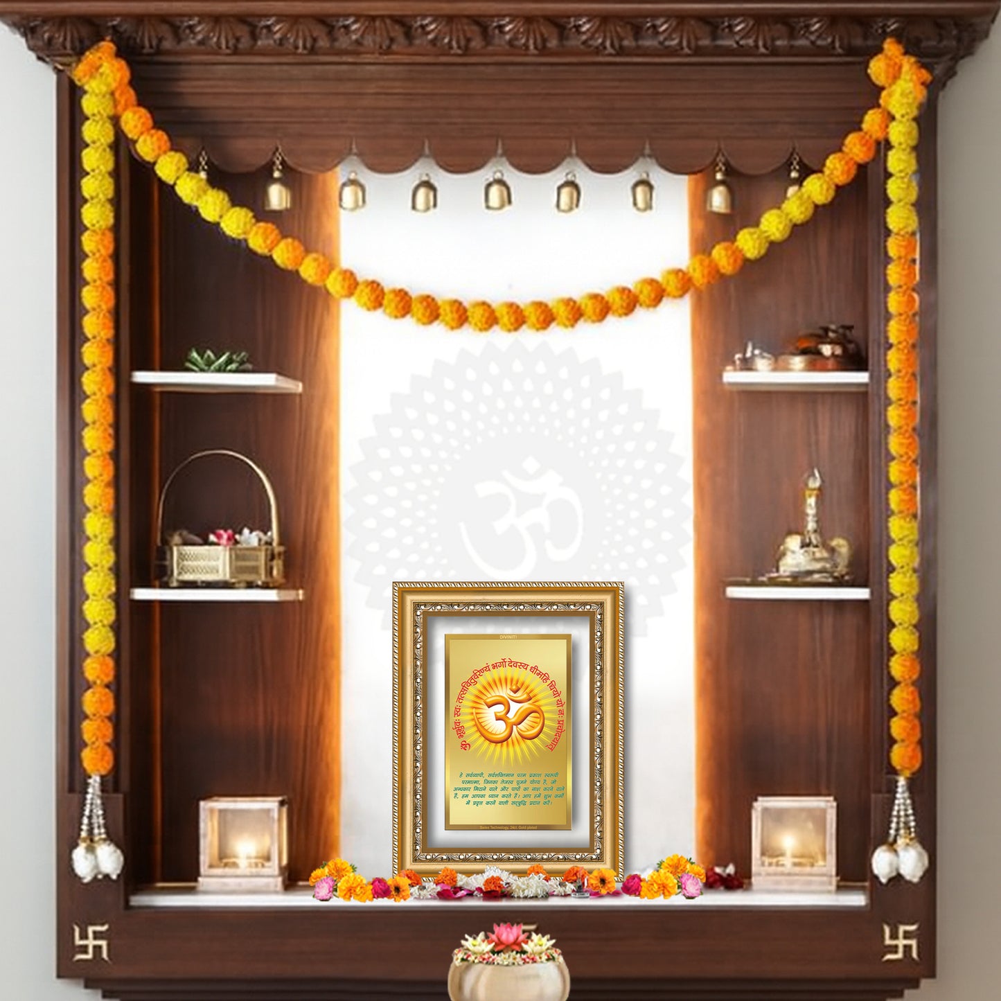 Diviniti 24K Gold Plated Om With Gayatri Mantra (Classic) Divine Wall Frame for Home Mandir & Office Decor | Luxury Spiritual Gift