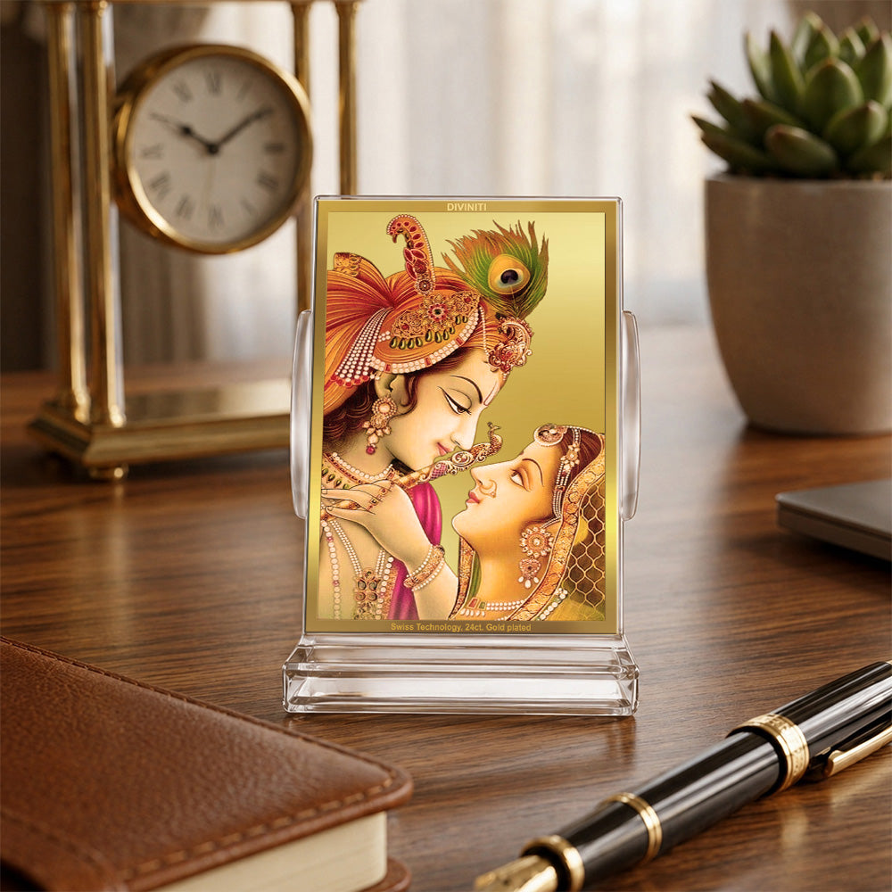 24K Gold-Plated Radha Krishna Acrylic Car Dashboard Frame | 11x7 CM
