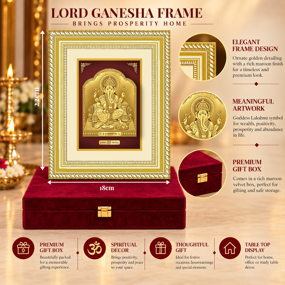24K Gold-Plated Lord Ganesha Frame | Premium Gift Box | 22x18 CM